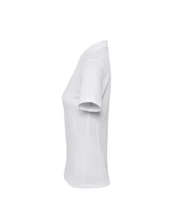 A white women's polo shirt with short sleeves and a fitted style, featuring a logo on the side.