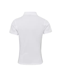 A white women's polo shirt with short sleeves and a collar, featuring a logo on the back.