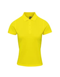 A bright yellow women's polo shirt with a classic collar and short sleeves, featuring a logo on the front.
