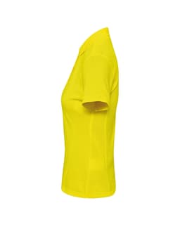 A women's yellow polo shirt with short sleeves, featuring a collar and a logo.