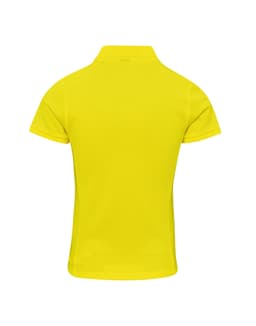 A yellow polo shirt featuring a classic pique design and a logo on the back. Ideal for casual wear.