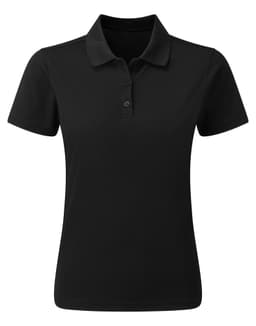 A black women's polo shirt made from recycled spun dyed fabric, featuring a collar and button placket.