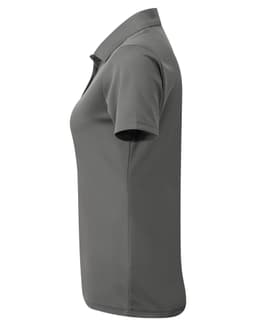 A grey women's spun dyed recycled polo shirt with a classic collar and short sleeves, featuring a logo.