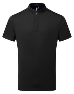 A black short-sleeved shirt with a high collar and a button detail at the neck. Features a logo on the chest.