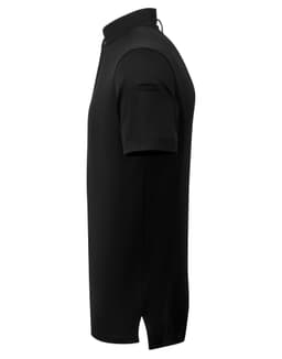A black short-sleeved chef's shirt with a collar and side detailing, featuring a logo on the front.