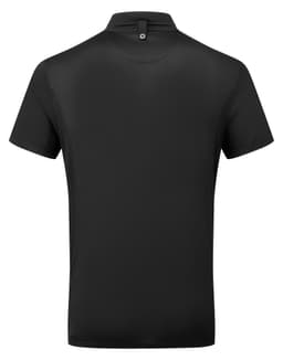 A black short-sleeved chef's shirt with a collar and a button at the back, featuring a logo.