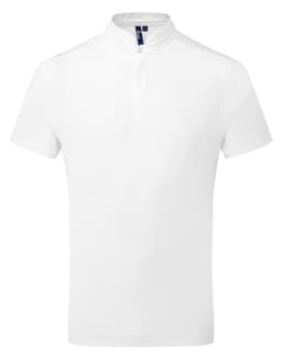A white short-sleeved shirt with a high collar, featuring a button placket and a logo on the chest.