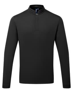 A black long-sleeved chef's shirt with a stand-up collar and a single button detail, featuring a branding logo.