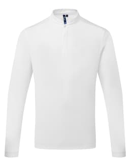A long-sleeved white shirt with a high collar and a button placket, featuring a logo on the neckline.