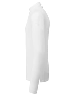 A white long-sleeve shirt with a collar, featuring a logo on one sleeve.