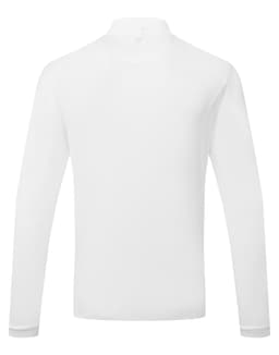 A long-sleeved, white shirt with a high collar, featuring a logo on the back.