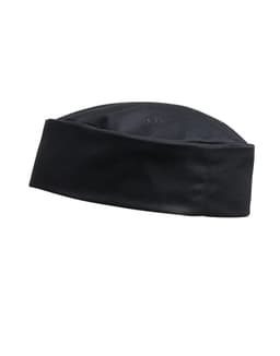 A black chef's hat with a flat top and a turned-up brim, featuring a subtle logo.