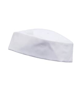 A white chef's hat with a flat top and a soft fabric design, featuring a logo.