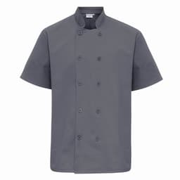 A grey chef's jacket with short sleeves and double-breasted buttons. Features a logo on the chest.