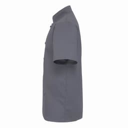 A grey chef's jacket with short sleeves, featuring a side view and a simple design with a logo.