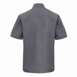 A short-sleeved chef's jacket in grey, featuring a simple design and a logo on the back.