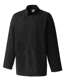 A black chef's jacket with a double-breasted front and long sleeves, featuring buttons and a branding logo.