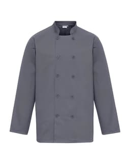 A grey chef's jacket with a double-breasted design and long sleeves, featuring a logo on the chest.