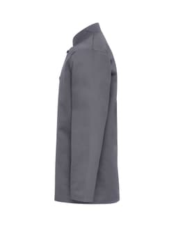 A grey chef's jacket with a collar and button details, featuring a side view of the design.