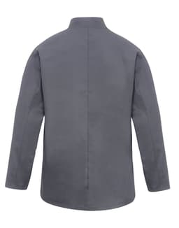 A grey chef's jacket with long sleeves and a high collar, featuring a simple design.