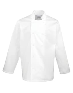 A white chef's jacket featuring a double-breasted design and long sleeves, with a logo on the collar.