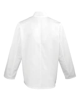 A white chef's jacket with long sleeves, featuring a simple design and a logo on the back.
