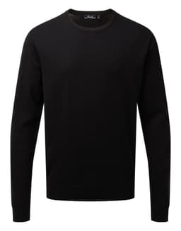 A black crew neck sweater with long sleeves and a ribbed hem, featuring a logo on the neckline.