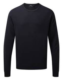 A crew neck sweater in navy blue, featuring long sleeves and a simple design. Includes a logo.