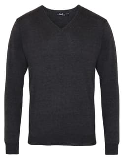 A dark grey V-neck sweater with long sleeves and a fitted design. The garment features a branding label.
