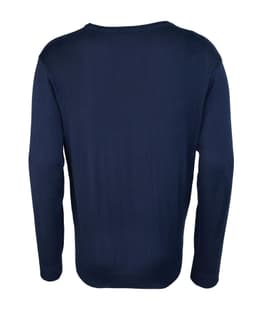 A navy blue V-neck sweater viewed from the back, featuring long sleeves and a simple design. It has a logo visible.