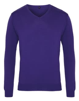 A purple V-neck sweater with long sleeves and a logo on the tag. The fabric appears smooth and untextured.