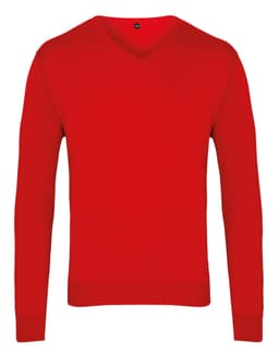 A bright red V-neck sweater with long sleeves and a fitted design, featuring a logo on the neckline.