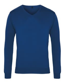 A blue V-neck sweater with long sleeves and ribbed cuffs. The design features a logo on the neckline.