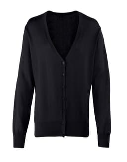 A black women's button cardigan with a V-neck and long sleeves, featuring a button-up front.