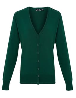 A green women's button cardigan featuring a V-neck and long sleeves, with buttons down the front.
