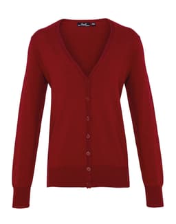 A women's button cardigan in a rich red colour with a V-neck and long sleeves. It features a logo on the label.