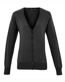 A women's button cardigan in dark grey, featuring a V-neck and long sleeves, with a button-up front.