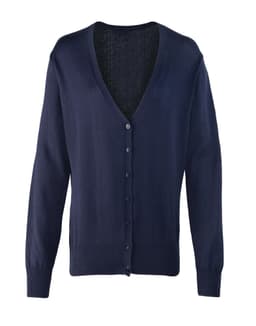A women's button cardigan in navy blue with a V-neck and long sleeves. It features a row of buttons down the front.