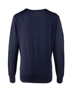 A navy women's button cardigan featuring long sleeves and a simple design, with a logo on the back.