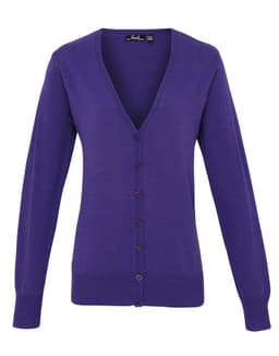 A women's purple button cardigan with long sleeves and a V-neckline. Includes a logo on the label.