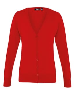 A red women's button cardigan made from soft fabric, featuring a v-neck and long sleeves. It has a logo on the label.