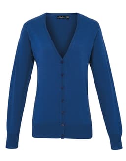 A women's button cardigan in a rich blue colour, featuring a V-neck and full-length sleeves.