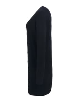 A longline cardigan in black, featuring a sleek side profile design and a subtle branding logo.