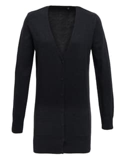A women's longline cardigan in dark grey with a v-neck, button front, and front pockets.