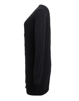 A longline cardigan in black, featuring long sleeves and a button-down front. It has a simple logo.