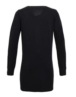 A longline cardigan in dark grey, featuring long sleeves and a V-shaped back design. It has a branding logo.