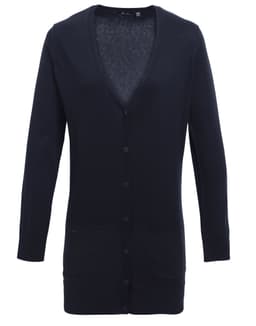 A women's longline cardigan in navy blue, featuring a V-neck, button front, and front pockets.