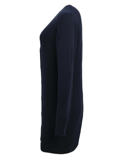 A women's longline cardigan in navy blue, featuring a sleek design and long sleeves. It has a logo on the side.