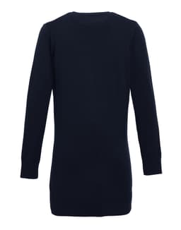 A women's longline cardigan in navy, featuring a sleek design and long sleeves. The garment has a logo on it.