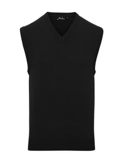 A sleeveless vest in black with a V-neck design and ribbed hem, featuring a logo on the label.